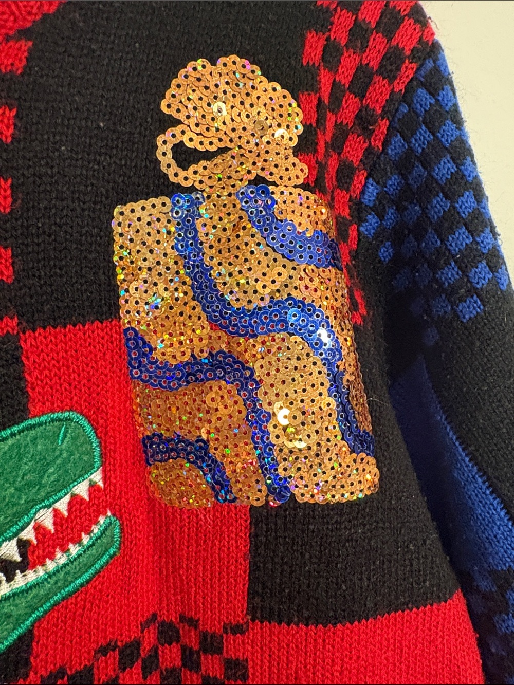 Ugly Christmas Dino Patch Multicolor Checker Sweater - Picture 6 of 11